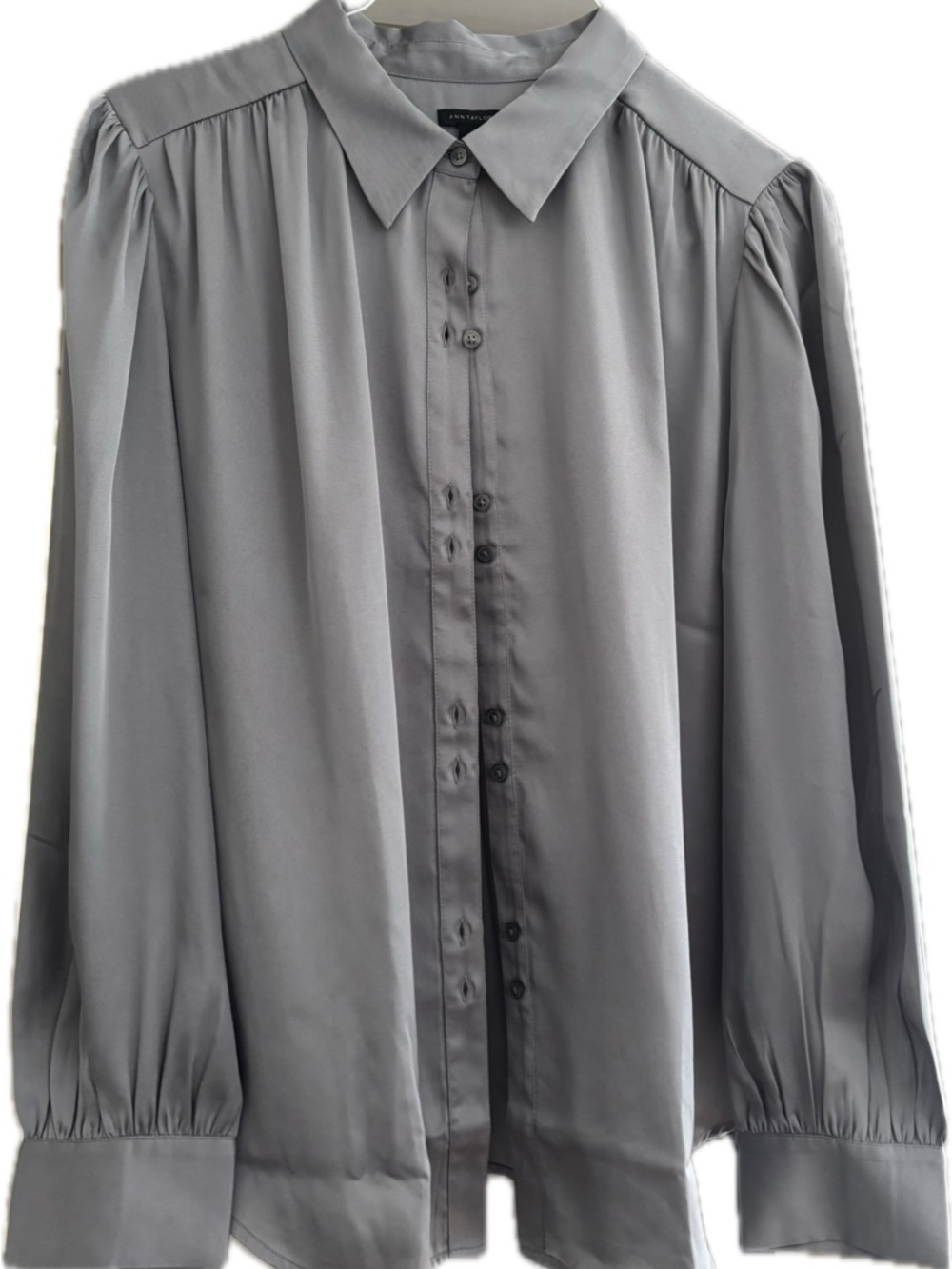 Ann Taylor Silky Button-Up Blouse in Slate Gray